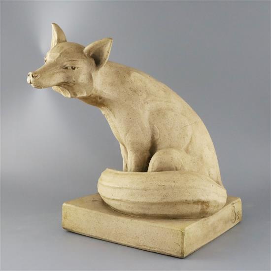 A rare large Royal Doulton stoneware figure of a seated fox, c.1930, probably modelled by Harry Simeon, H. 42cm